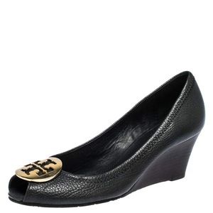 Tory Burch Peep Toe Black Leather Wedges Size 9.5
